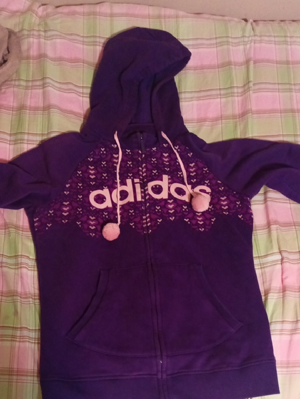 adidas Purple Zip Hoodie with Pink Pom Drawstrings